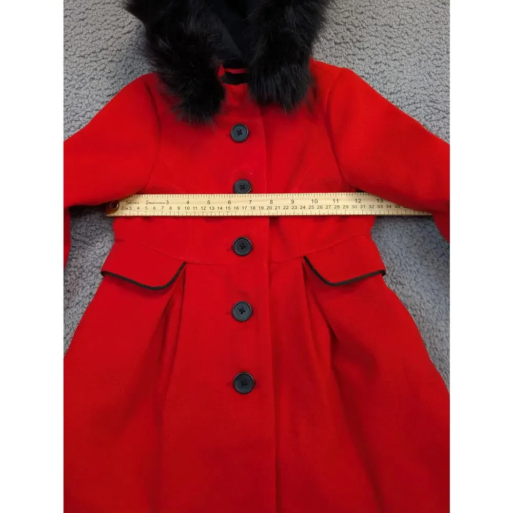 Cat & Jack Girls Size XS 4/5 Red Coat W/ Detachable Faux Fur Hood (1139)